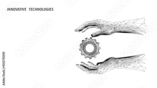 Gear mechanism held by hands. Digital polygon technology process automation solution. Engineering manufacturing innovation development concept. White background polygonal vector