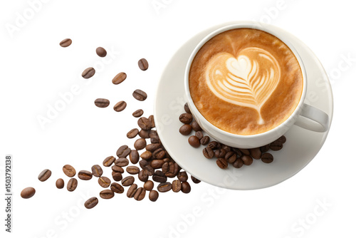 Cup of coffee with heart shape latte with beans.