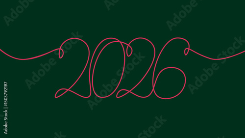 2026 year numeral handwritten in single line. Continuous line forms numbers. New Year designs event invitation. Minimalist art black line red green background top view