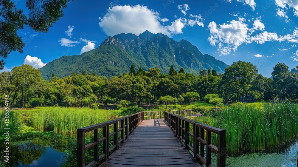 Fototapeta premium Panoramic view of a wooden bridge in a lush park, leading to a mountain