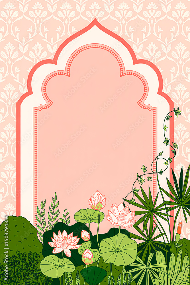 Naklejka premium Pink floral frame with lotus flowers and tropical plants