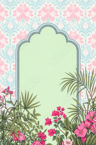 Wallpaper Mural Elegant floral frame with tropical plants and pastel damask background Torontodigital.ca