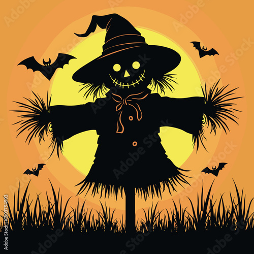 Scarecrow silhouette against full moon with bats in autumn landscape  