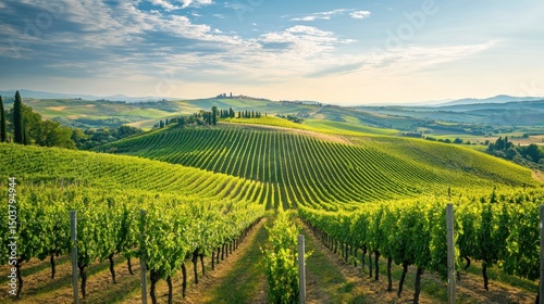 Wallpaper Mural Lush Vineyard Landscape with Rolling Hills and Cloudy Sky in Tuscany, Italy Torontodigital.ca