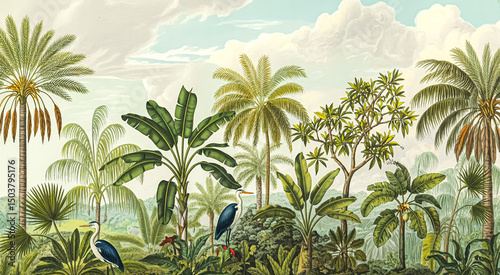 Lush tropical paradise with herons and palm trees botanical illustration