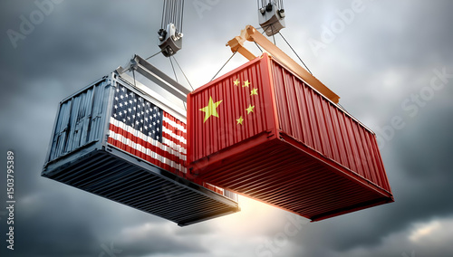 A vivid representation of global trade, featuring shipping containers adorned with the flags of the USA and China, symbolizing international commerce.