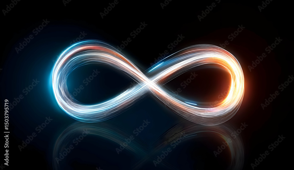 An abstract representation of infinity created with flowing light trails in blue and orange against a black background, symbolizing limitless potential. An abstract representation of infinity created with flowing light trails in blue and orange against a black background, symbolizing limitless potential.