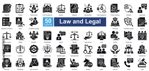 Law and Legal icon set in glyph style, featuring 50 icons on legal services, court processes, and compliance. Ideal for law firms, legal apps, and justice-related content.