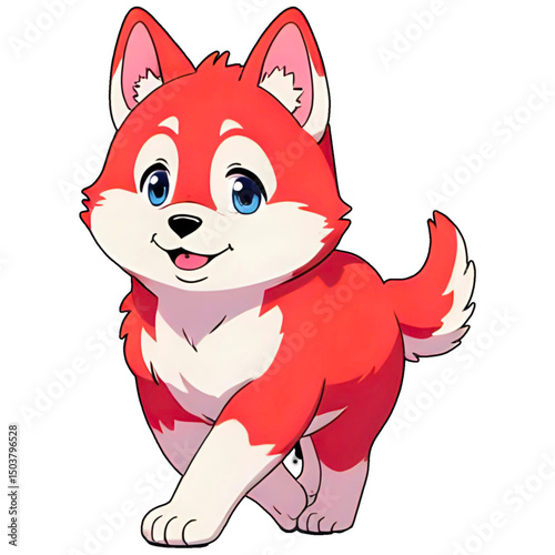 Wolf Puppy, Red Fur, Blue Eyes, Facing Left, Walking Happily, Smiling 