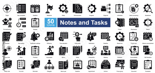 Notes and Tasks icon set in glyph style, featuring 50 icons on task management, scheduling, productivity, and organization. Perfect for planners, workflow management, and reminders.
