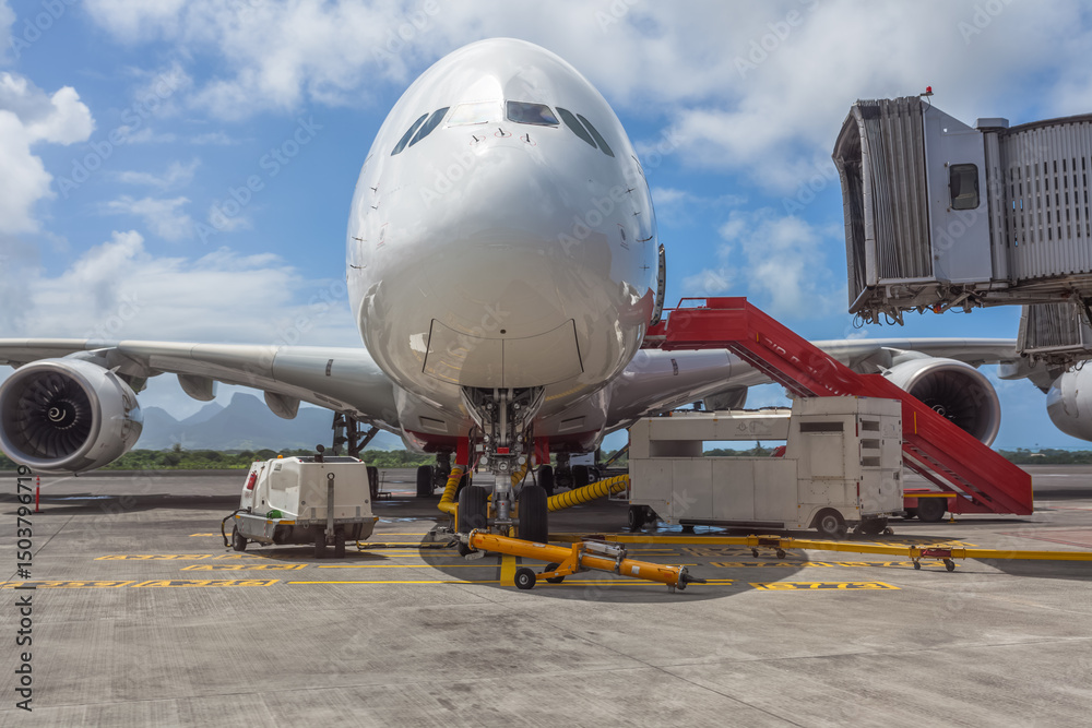 Fototapeta premium Avion gros-porteur se séparant de sa passerelle d’embarquement