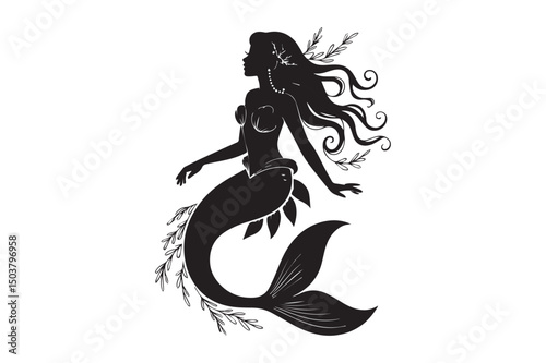 Mermaid Silhouette Vector – Elegant Fantasy Sea Creature Clipart for T-Shirt, Print, KDP, and Digital Design