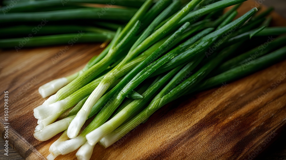 A close up of fresh green onions on a wooden cutting board in a kitchen environment for cooking use A close up of fresh green onions on a wooden cutting board in a kitchen environment for cooking use