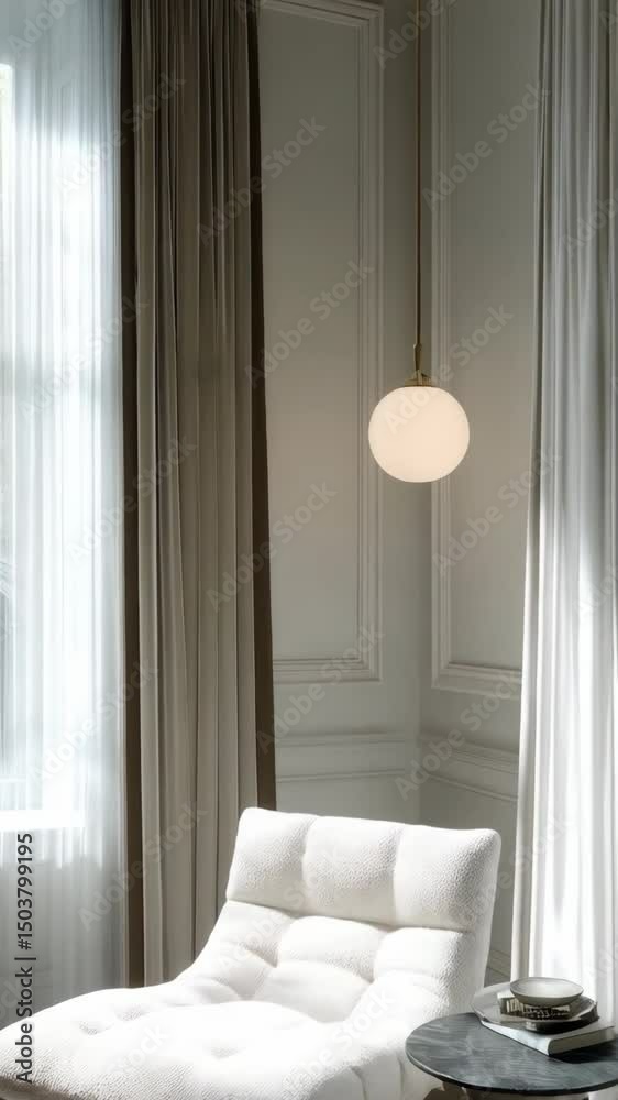 Luxurious interior featuring a white bouclé lounge chair, round side table with books, and a stylish pendant light fixture in a bright room.