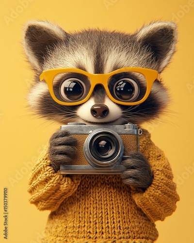 Cartoon raccoon photographer, holding camera, yellow background. Possible use Childrens book, greeting card photo