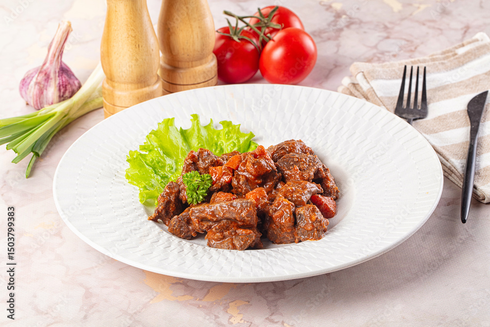 Fototapeta premium Hungarian goulash with beef meat