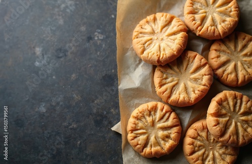 Flat lay of peanut butter cookies. Delicious baked dessert on parchment paper with copy space. Perfect for food blogs, recipe books, advertising, pastry shops. Top view with fresh sweet snack. photo