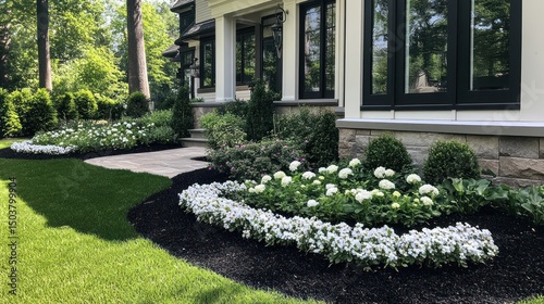 Suburban Home Landscaping White Flowers, Walkway, Green Lawn