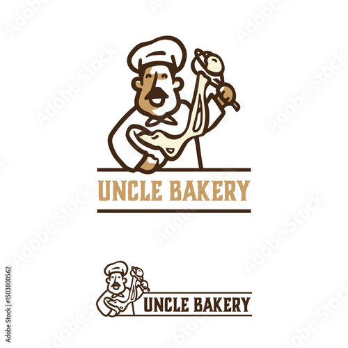 Happy smiling chef stirring dough. Illustration of a man have big moustache and wearing apron for your bakery business logo