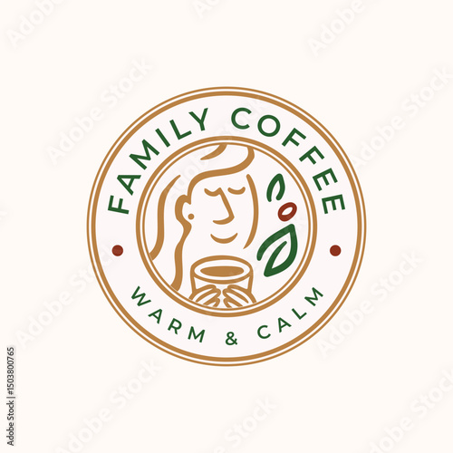 Relaxing woman smelling the aroma of delicious cup of coffee. With scattered coffee bean and leaves describe the freshness of the product. Logo with emblem round style concept