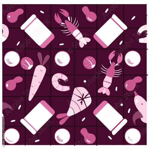 Whimsical seafood and vegetable pattern on a checkered maroon background design
