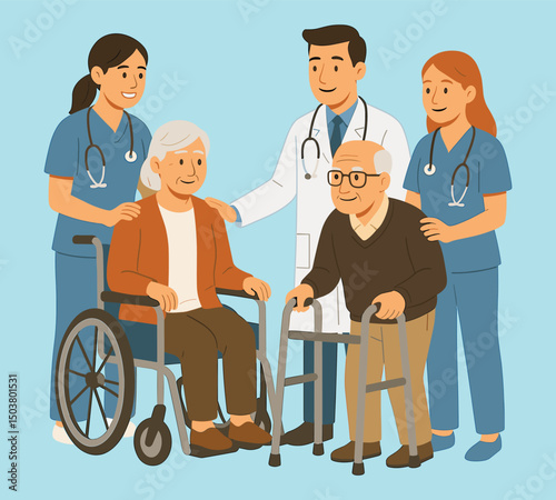 Medical team assisting elderly patients with mobility aids in hospital or nursing home