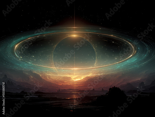 a planet with a prominent ring system, surrounded by a vast, star-speckled expanse of space. The planet's surface is textured, and the rings appear to be composed of smaller, scattered particles.