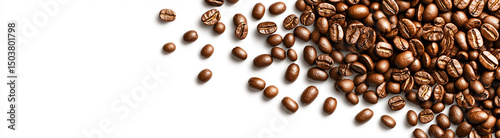 Roasted coffee beans scattered on clean white background, perfect for coffee brand packaging, cafe menus or product presentations