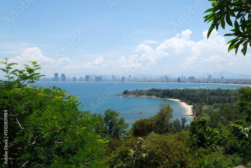 view of the city from the sea blurred houses on the horizon beautiful picture of nature in the background city of da nang in vietnam