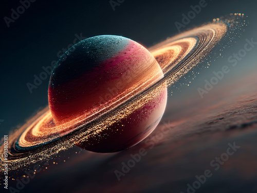 a planet with a prominent ring system, surrounded by a vast, star-speckled expanse of space. The planet's surface is textured, and the rings appear to be composed of smaller, scattered particles.