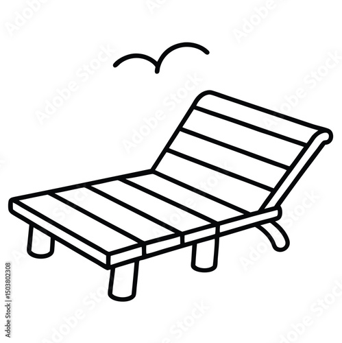 Simple black line art vector illustration drawing of a slatted lounge chair with a flying bird. Perfect for beach posters, travel icons, vacation graphics, spa logos, or peaceful outdoor scenes