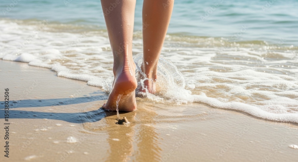 Woman walking on beach, ocean waves Woman walking on beach, ocean waves
