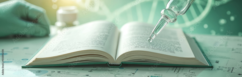 Fototapeta premium Open book with text on DNA genetic chain background. Pipette with drop of liquid over page. Molecular biology, biotechnology, science, medical research concepts.