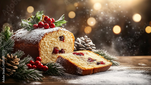 Festive fruitcake with powdered sugar and holiday decorations, perfect for Christmas food ads, seasonal bakery menus or winter celebration themes