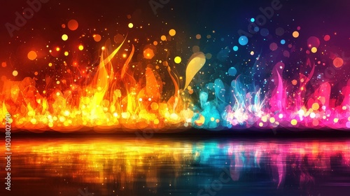 Multicolored Flames and Bright Lights Festive Background