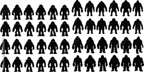 Array of Bigfoot Silhouettes in Varying Shapes and Sizes on White