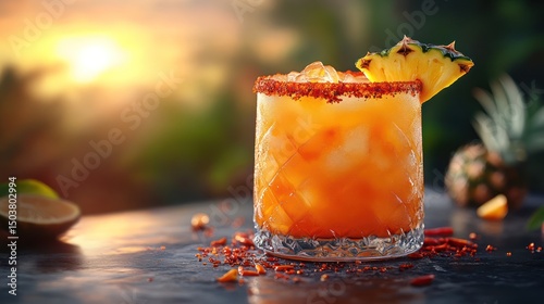 Spicy pineapple margarita with a chili rim, vibrant sunset reflecting in the drink