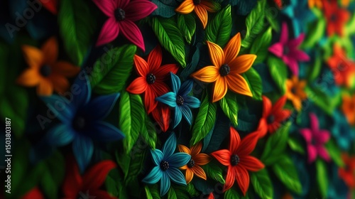 Multicolored Flowers and Lush Green Foliage Background
