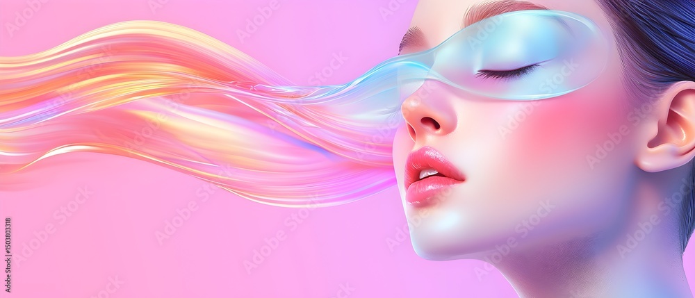 A woman with a pink background and a blue and purple wave A woman with a pink background and a blue and purple wave