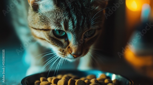 Curious cat sniffing at food bowl in soft lighting