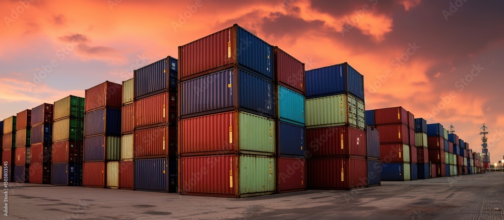 Fototapeta premium Stack of Containers Import and Export in Harbor, Container Logistics Industry. Business Commercial Dock and Transportation.