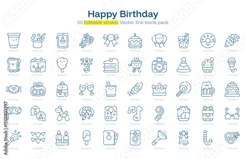 Happy Birthday line icon pack. Happy Birthday Stroke icon set. Editable Stroke icon