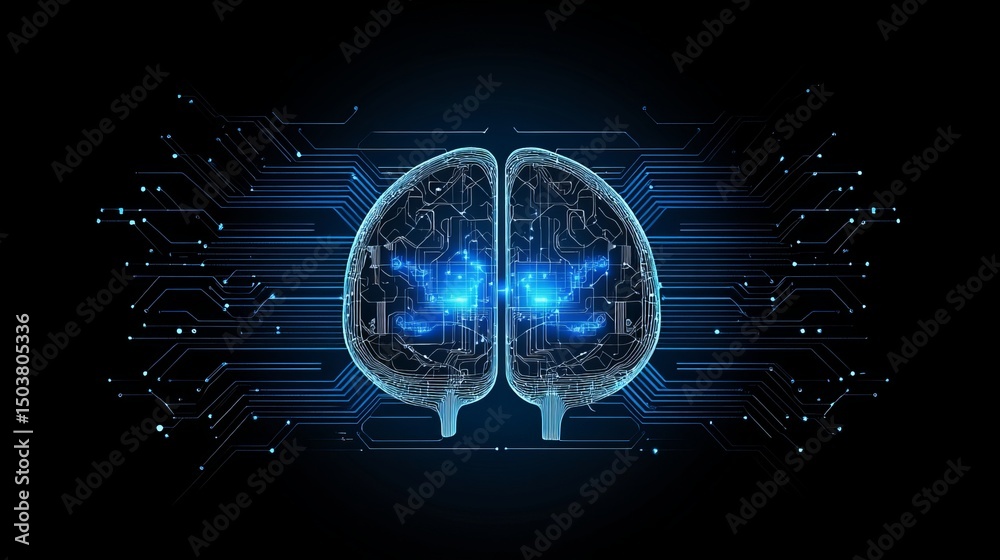 Obraz premium Digital brain illustration with glowing blue circuits on a black background concept design art
