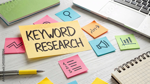 keyword research concept, many keywords on colorful papers