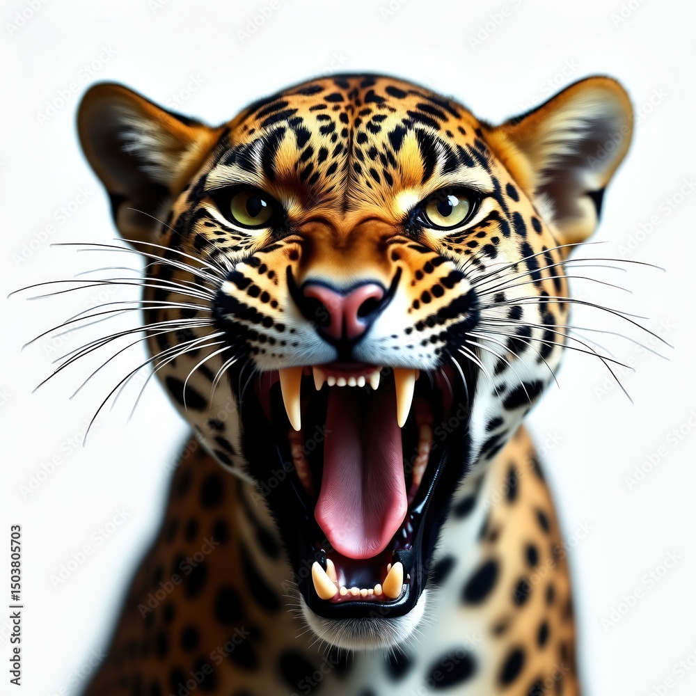 Obraz premium Close-up of angry leopard Panthera pardus growling and baring fangs, isolated on white background. Wild cat feline predator shows sharp teeth, open mouth. Safari, zoo, wildlife animal.