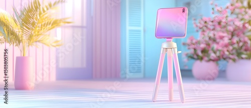 A tripod is standing in front of a wall