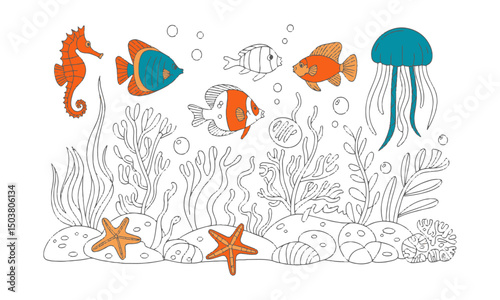 A colorful set of underwater marine life in a modern vector style, easily scalable and editable.