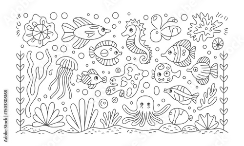 A colorful set of underwater marine life in a modern vector style, easily scalable and editable.