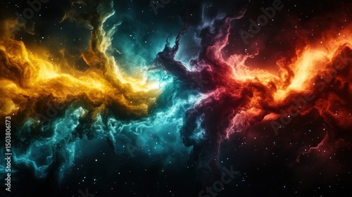 Mysterious Nebula: Swirling Orange, Blue, and Red Gases in Dark Space