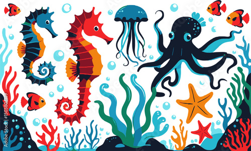 A colorful set of underwater marine life in a modern vector style, easily scalable and editable.